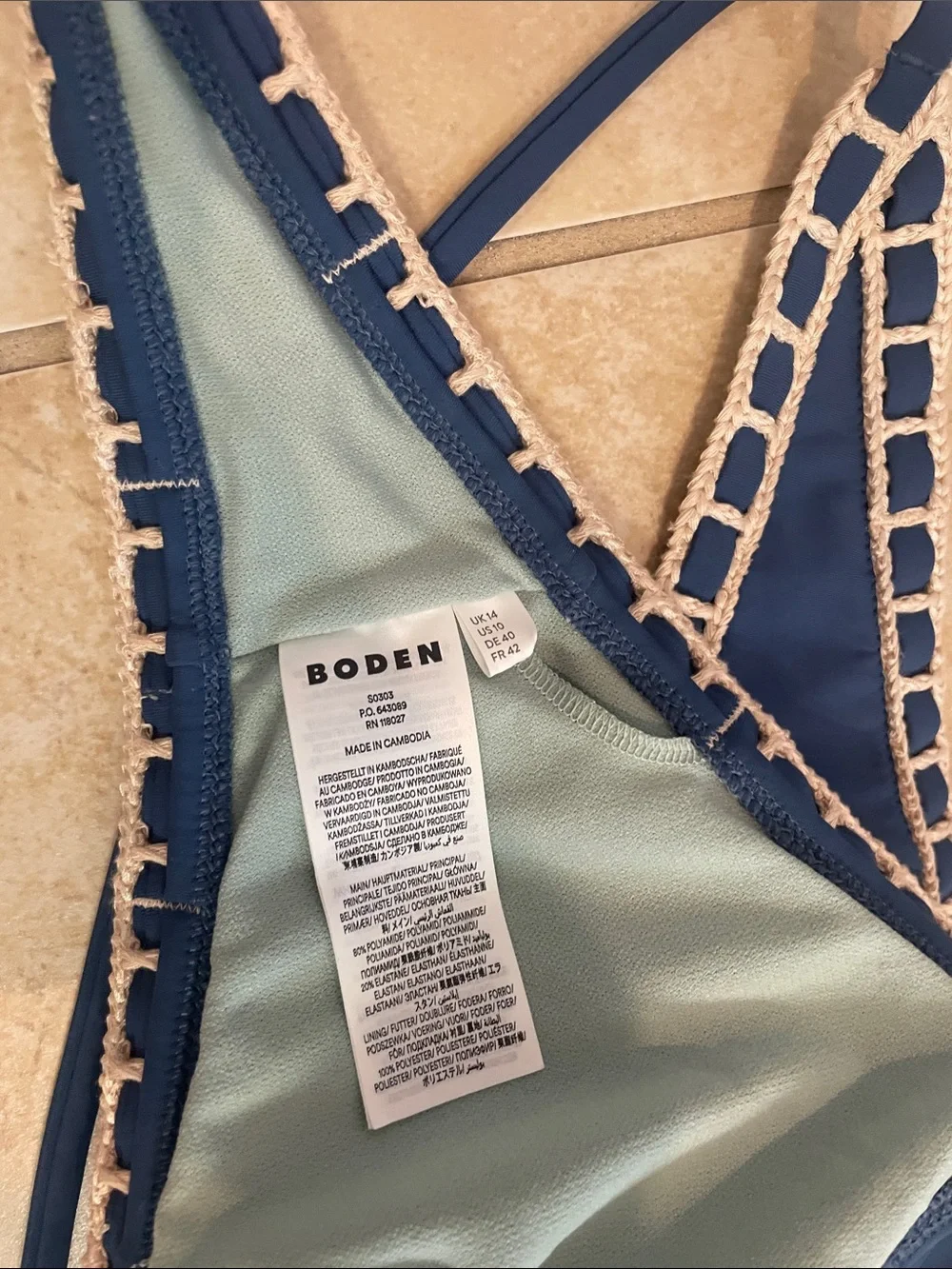 Boden Navy Bikini Top with Cream Crochet Trim